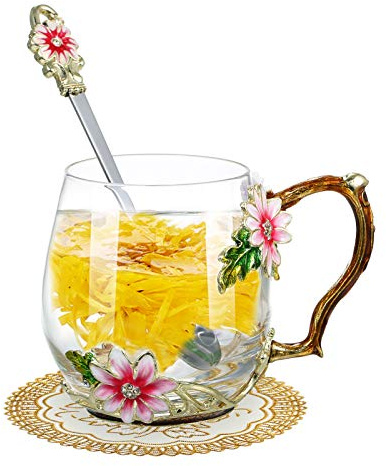 Dioche Set di Tazze per Acqua Smaltate Colorate - Design a Rosa Rossa con Cucchiaio, Panno per la Pulizia e Sottobicchiere, Set Regalo per Tazze da tè e caffè in Cristallo Resistente Al Calore da