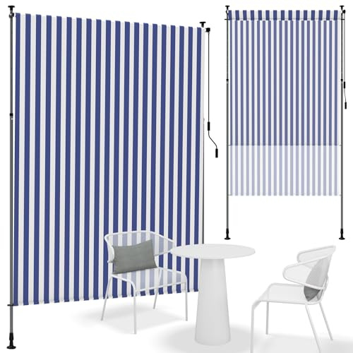 Suusolny Store vertical 150 x 310 cm - Rayures bleues et blanches - Avec manivelle - Brise-vue sans perçage - Store vertical - Résistant aux intempéries et aux UV - Store extérieur - Étanche - Pour