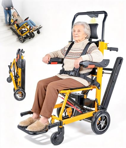 Elektrischer Treppensteiger Rollstuhl Faltbar mit Gummikette, 240KG Elektrischer Treppenlift Stuhl, 3 Speed Rollstuhl Faltbar Treppen Mobilitätshilfe mit LED Licht, Medizinische Rettungstrage für Se