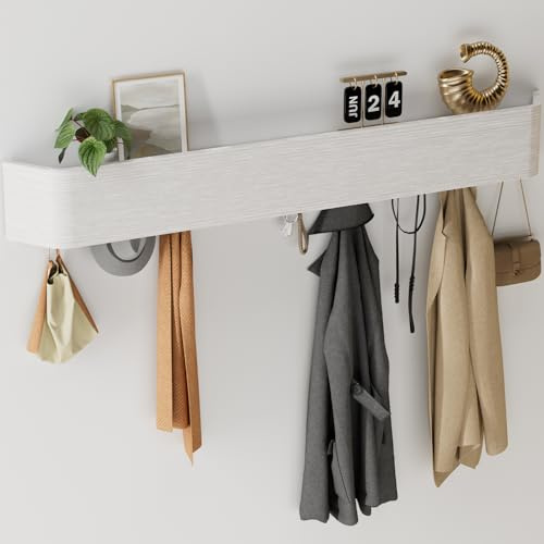 Huracan Wandgarderobe Holz, Moderne Garderobenleiste Wandmontage Eiche 88cm mit Verdeckten Haken, Minimalistische Kleiderstange Garderobenhaken Jackenhalter für Flur, Schlafzimmer, Eingang, Weiß