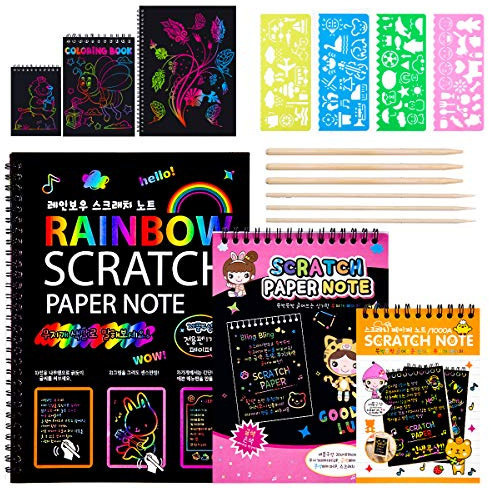 Scratch Art Notes per Bambini, Set di 3 Blocco da Disegno Arcobaleno Scratch Paper con 6 Penne Stilografiche In Legno e 4 Righelli Da Disegno per Disegni, Giochi e Scrittura