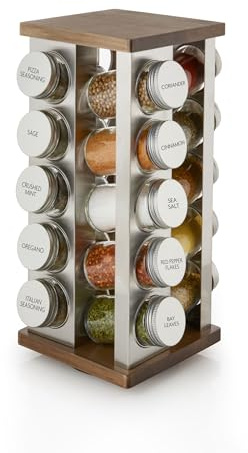 Kamenstein 20 Jar Vintage Revolving Countertop Spice Rack Organizer with Spices Included, FREE Spice Refills for 5 Years, Wood and Stainless Steel with Metal Caps