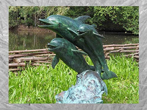 IDYL Bronze-Skulptur DREI Delphine Brunnen | 94x61x99 cm | Brunnen aus Bronze handgefertigt | Ideal als Gartenskulptur oder Teich-Dekoration | Hochwertiges Kunsthandwerk | Wetterfest