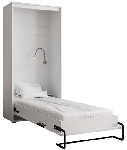 KRYSPOL Bett im Schrank Home, Vertikal, Schlafzimmer, Jugenzimmer, Modern Design (Weiß matt + Artisan Eiche, 90 x 200 cm)