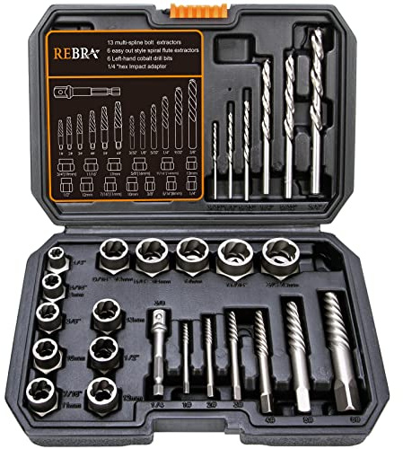 REBRA Schrauben- und Bolzenausdreher-Set und Linkshänder-Bohrer-Set, mit Sechskant-Adapter, verrostete Bolzen, Muttern & Schrauben 26-tlg