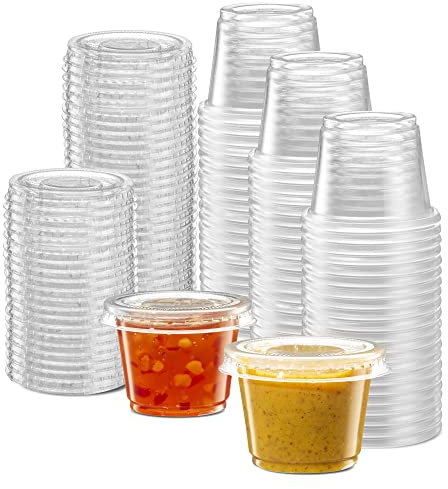 (1 oz - 200 Sets) Clear Diposable Plastic Portion Cups With Lids, Small Mini Containers For Portion Controll, Jello Shots, Meal Prep, Sauce Cups,Condiments, Medicine,Disposable