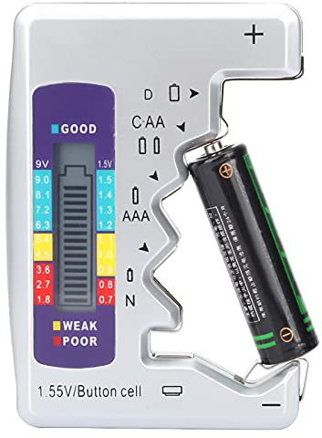 Digital Battery Tester, LCD Display Universal Batteries Checker Household Small Mini Testers Button Cell for All AA AAA C D 9V Capacity Measuring Testing Detector Tool 90mm Multiply 60mm Silvery