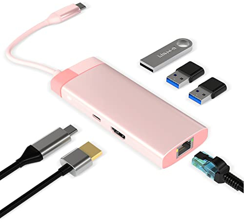 USB C Hub, USB C Adapter 6 in 1 mit Gigabit RJ45 Ethernet, 3×USB 3.0, 4K HDMI und 100W PD, Dockingstation Kompatibel mit MacBook Pro & Air USB C Laptops und Anderen Typ C Geräten-Rosa