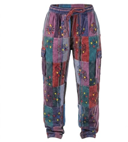 Ezhippie Pantalones de Patchwork Hippie Hechos a Mano para Hombres, Pantalones Cargo de Cintura elástica 100% algodón Estilo Bohemio, M