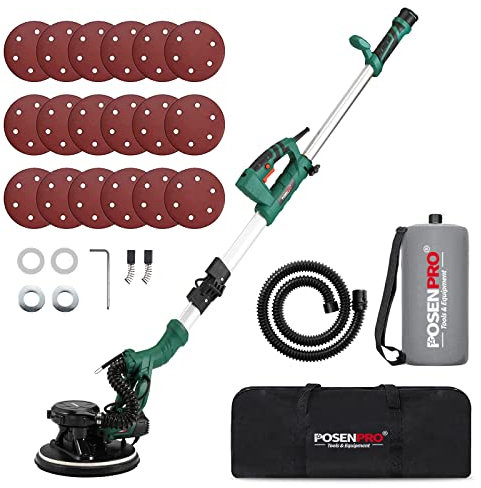 Drywall Sander, POSENPRO 810W 7A Electric Wall Sander with Vacuum Dust Collection, Popcorn Ceiling Removal Tool, Variable Speeds 500-2100 RPM, 18Pcs Sandpaper, LED Light, Foldable & Extendable Handle