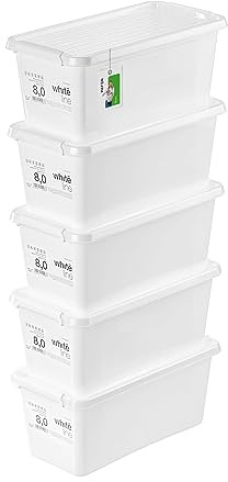 PAFEN 5x Boîte de rangement avec couvercle transparent 8l - 40x20x16,5cm - Boîtes Rangement Bacs gerbables avec clips de fermeture Bacs en plastique Boîtes à vêtements Organiseur | Blanc