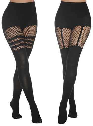 MANZI 2 Pairs Women's Suspender Opaque Fishnet Stockings Thigh High Mesh Fishnets Black Stocking Tights