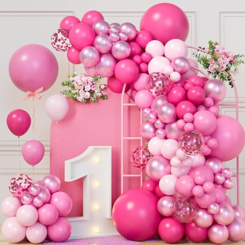 Kit Arco Palloncini Rosa - 115pcs Palloncini Compleanno Palloncini Fucsia, Palloncini Baby Festa Bambina, Ghirlanda Palloncini per Battesimo Bambino, Allestimento Compleanno, Matrimonio, Baby Shower