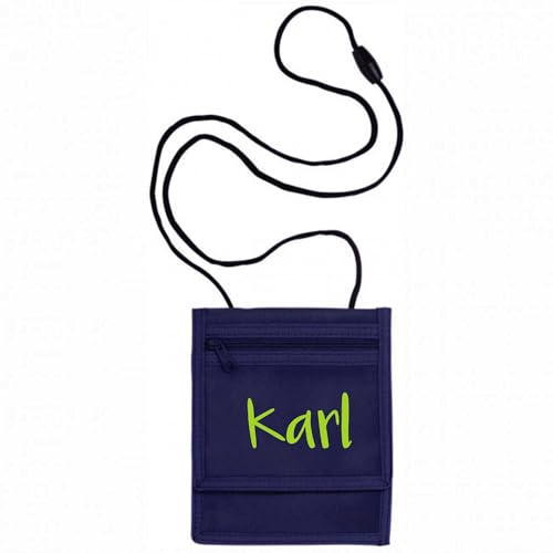 minimutz Brustbeutel Kinder - Personalisiert mit Name - Geldbeutel zum Umhängen Mädchen mit Klarsichtfenster für Schülerausweis Buskarte - Navy 13 x 15 cm