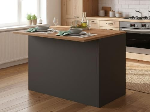 Dmora - Isola da cucina Emmanuel, Armadio multiuso, Mobile per cucinotto, Tavolo ausiliario, 100% Made in Italy, 125x90h90 cm, Antracite e Rovere