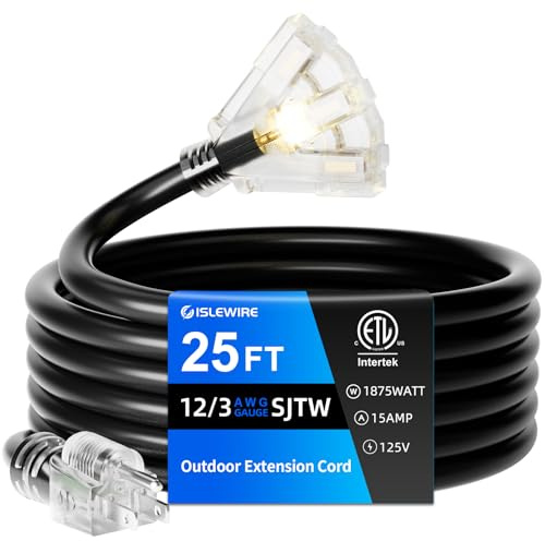 islewire Outdoor Extension Cable 25m Multi Socket 12 Gauge Waterproof Black Extension Cable with 3 Sockets 3 Pin Power Cord for Indicator Light