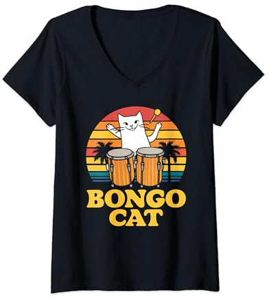 Damen Bongo-Katze im Retro-Look T-Shirt mit V-Ausschnitt