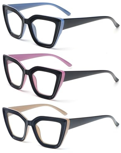 kollyseek Confezione 3 Occhiali da lettura Donna Cat Eye Anti Luce Blu | 3 Paia design elegante moda, cerniere a molla resistenti, oversize occhio di gatto per computer, Blu viola marrone, +1,50