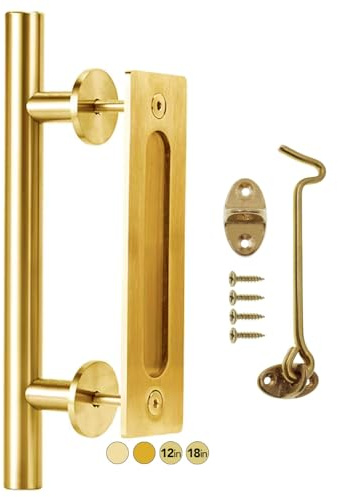Rio Salto Kit maniglia per porta scorrevole da 30,5 cm, con serratura a chiavistello, maniglia per armadio, finitura in ottone, maniglie a filo, grandi maniglie per porte scorrevoli, 1 porta (oro, 1