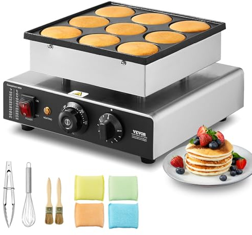 VEVOR Appareil à Pancake 9PCs 76 mm, Crêpière Commerciale 850 W, Appareil à Poffertjes Dorayaki en Acier Inoxydable Antiadhésif, Température et Temps Réglable, pour Cuisine à Domicile, Restaurant, Sna