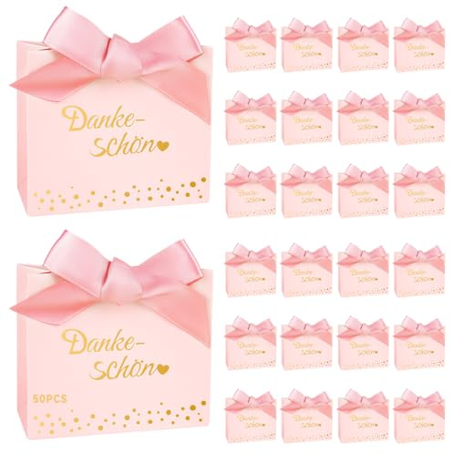 50 Stück Geschenktüten Danke mit Schleifen, Klein Danke Geschenktüte Rosa Gold, Mini Small Gift Bag Geschenktaschen Papier für Hochzeit Geburtstag Party Weihnachten, 11.5x4.5x10cm (50PCS Rosa -Gold)