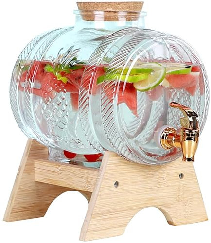 Distributore di bevande in vetro trasparente con rubinetto, 100% a prova di perdite, con tappi in legno, ideale per ufficio, campeggio, erogatore di succhi e acqua, contenitore (3 l)