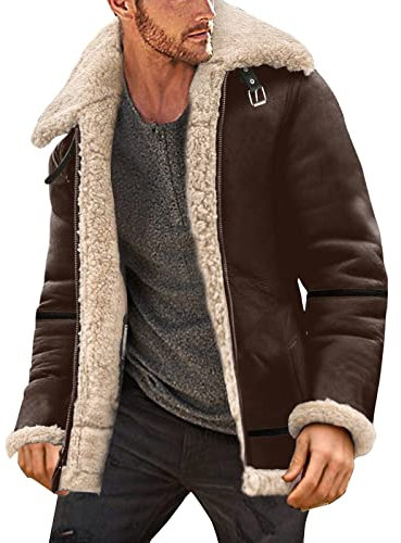 Herren-Jacke aus Schaffell, Wildlederjacken, Winter, warm, langärmelig, Sherpa-Futter, gepolsterte Jacke, langärmelig, Lederjacke, Herren-Parka-Mantel, Fleece, Reißverschluss, Winter, warme