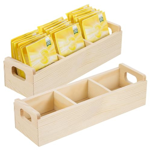 sourcing map 2 organizadores de bolsas de té, caja de té de madera de pino con 3 compartimentos con asa, organizador de almacenamiento de té para bolsas de té, suministros de bebidas, paquete de