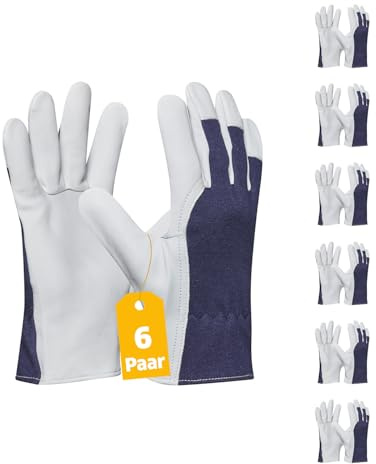 Gebol Eco Driver, 6 Paar Arbeitshandschuhe für Damen und Herren aus robustem Ziegenleder mit Baumwoll-Polyester Rücken für Bau, Garten & Mechanik, M (Gr. 8)