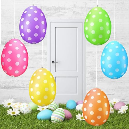 6 Pcs Inflatable Easter Eggs Decorations 16IN Colorful Easter Inflatables Eggs PVC Dotted Easter Eggs with Rope for Easter Yard Ornaments Outdoor Indoor Holiday Decorations