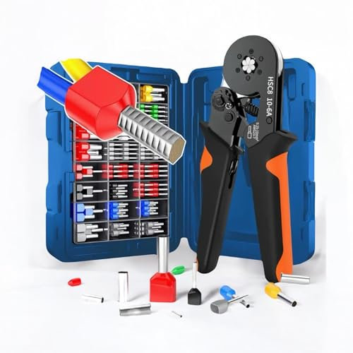 Espectronix HSC8 10-6A Juego de herramientas para engarzar cables,Mango acero al carbono-kit surtido de terminales VE 1200 piezas, engarzado hexagonal conectores de cables prensados ​​en frío