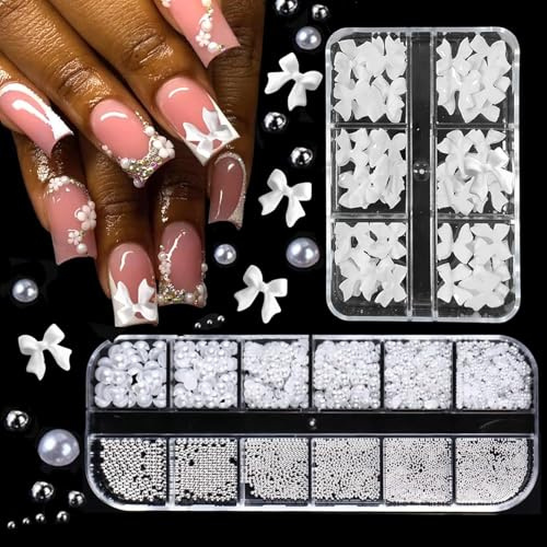 2 Scatole Strass Unghie Nail Art Flatback Perle Nail Charms, Bianco Nail Beads Half Round Gioielli Nail Art Beads, Ciondolo per Unghie con Fiocco e Nodi, Ciondoli per Nail Art con Perle a Semicerchio
