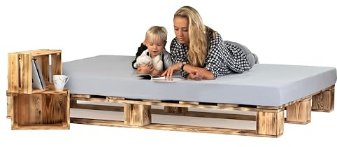 Lermowood Palettenbett M1 aus Holz 200 x 200 cm Geflammt mit Lattenrost Holzbett 20cm Stabiles Seniorenbett Kinderbett Jugendbett Gästebett erhöhtes Einzelbett Bettgestell Futonbett Komforthöhe