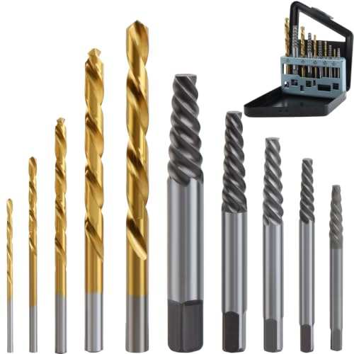 KEWAYO 10 Pièces Extracteur de Vis Cassées Tourne à Gauche Forets HSS Extracteurs Acier Carbone Kit Dévissage Boulons Rouillés M5 à M19 Coffret Rangement Auto Bricolage