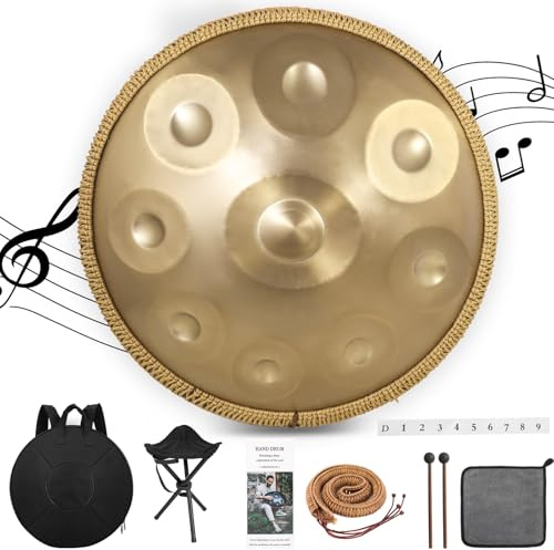 Derlvbak Handpan Instrument, 22 Zoll 9/10 Töne 440/432HZ Hand Pan Drum Steel Tongue Drum Zungentrommel für Yoga, Meditation mit Handtaschen Trommelstöcken, Trommelständer (9 Töne-432HZ)