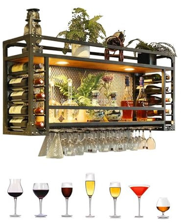HDDNMLOH Modernes, an der Wand montiertes Weinregal mit Stielglasaufhänger, Metallrahmen, hängender Getränkehalter für die Küchenbar, 110 x 30 x 50 cm, mit Licht