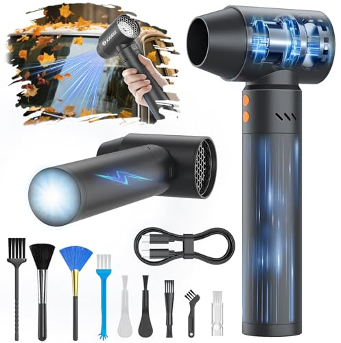 XJUGEZ Soplador de Polvo Eléctrico,21000mAh Soplador de Aire para PC con 25W Enchufe y LED,180000RPM Soplador de Aire Potente con kit,Pistola Aire Comprimido Limpieza PC,Sofá,Teclado,Coche-Negro