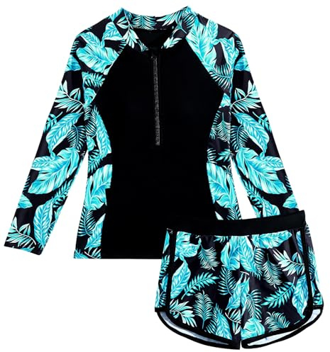 SEAUR Rashguard set med 1/2 dragkedja, badshorts, tvådelad baddräkt, solskydd, badkläder, barn, långärmad baddräkt 130–160, Grönt blad, 150