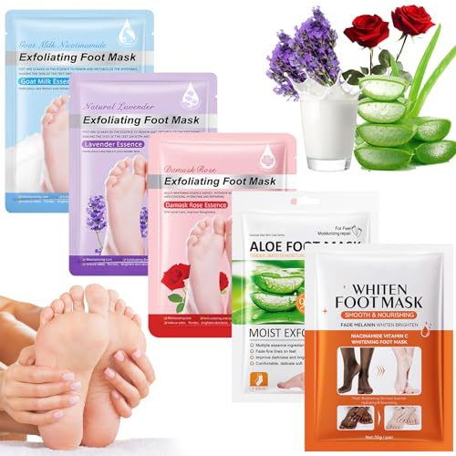 5 Paia Maschera Piedi Esfoliante, Calzini Idratanti per Piedi, Foot Peel Mask per Calli, Pelle Morta e Talloni Screpolati, Lavanda Latte di Capra Rosa Aloe Sbiancamento Foot Mask per Donne e Uomini