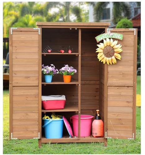 Potting Bench, Outdoor Storage Shed 55.1in Tall, Weatherproof Garden Cabinet, Backyard Storage House with Shelves, Waterproof Wooden Garden House, Garden Tool Container for Patio, Lawn (Brow