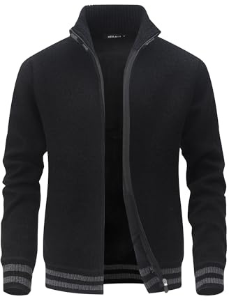 MeiLayM Herren Strickjacke Stehkragen Fleecejacke Gestrickt Langarm Cardigan Reißverschluß Pullover Weiches Warm Jacke Winterjacke Slim Leggero Feinstrickjacke Schwarz,L