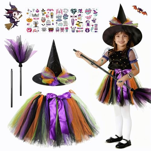 Disfraz de bruja para niñas, disfraz de bruja para niños, disfraz de carnaval de Halloween, falda de tul colorida, accesorios de sombrero de bruja, conjunto de disfraces de bruja