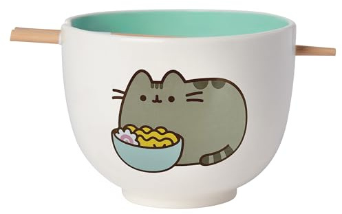 Enesco Pusheen the Cat Eating Ramen Bowl and Chopsticks Set, 3.94 Inch, Multicolor