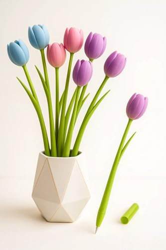 Aurus - Set di 5 graziose penne a sfera con fiore tulipano che cambiano colore, penne in silicone carine per donne, regali e decorazioni per la scrivania