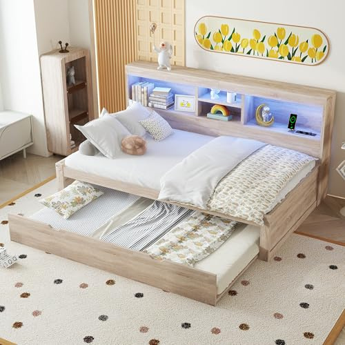 Zenithpath Tagesbett Ausziehbar 90x200cm, Ausziehbett 190x90cm, Daybett Schlafsofa Jungendbett Mädchenbett Kinderbett mit Lattenrost und Ablagefächer, ohne Matratze, Holzfarbe
