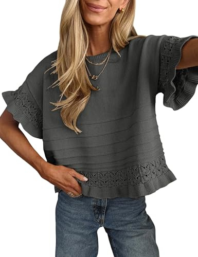 Yeokou Womens Short Sleeve Sweater Round Neck Ruffled Hem Knit Crochet Pullover Summer Fall Casual Top Blouse(Darkgray-M)