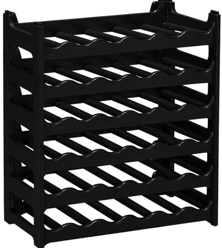 BURI Étagère à vin empilable en plastique noir | Étagère à bouteilles extensible pour 12 à 48 bouteilles | Étagère stable pour boissons de cuisine, cave, bar | Étagère de rangement facile à nettoyer