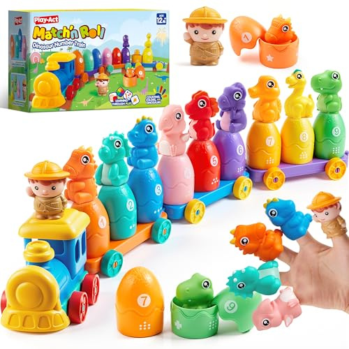 Play-Act Giocattolo Educativo per bambini di 1-3 anni,Set di 9 Dinosauri Treno Giocattolo Componibili con Conteggio,Abbinamento e Ordinamento,Giochi Montessori Regalo di Compleanno per Bimbo Bambino