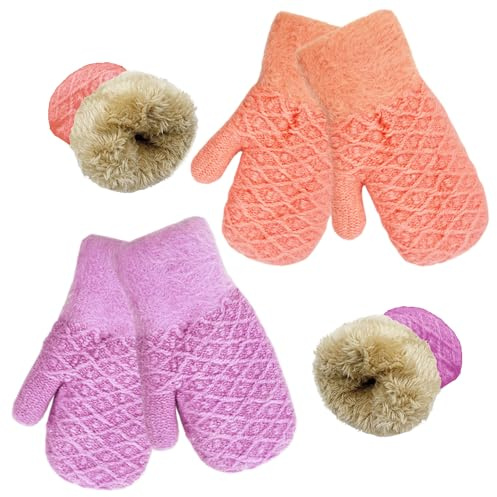 lifwimner 2 Paare Winter Handschuhe Kinder, Fäustlinge Kinder Warme Fleece Strickhandschuhe Winterhandschuhe Jungen Mädchen für 3-7 Jahre