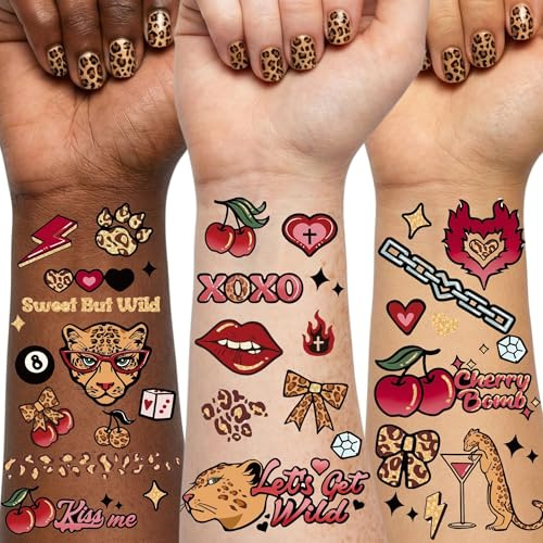 Vagilelf 68 Cherry Cheetah Print Temporary Tattoos Adult, 2 Sheets Y2K Cherry Girl Aesthetic Party Favors, Leopard Print Birthday Decorations for Women Retro Gold Foil Body Art